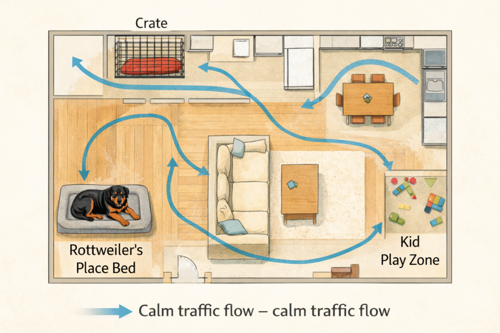Rottweiler practicing a solid heel with a professional trainer, calm expression, loose leash