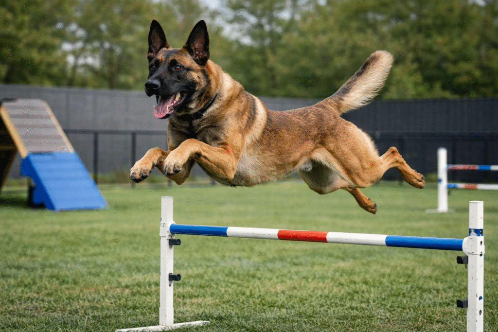 Athletic Belgian Malinois jumping obstacle demonstrating speed, agility, and physical capabilities as protection dog