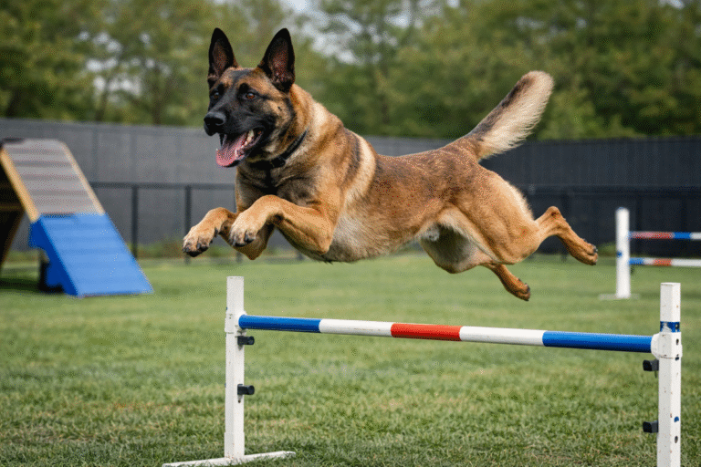 Athletic Belgian Malinois jumping obstacle demonstrating speed, agility, and physical capabilities as protection dog