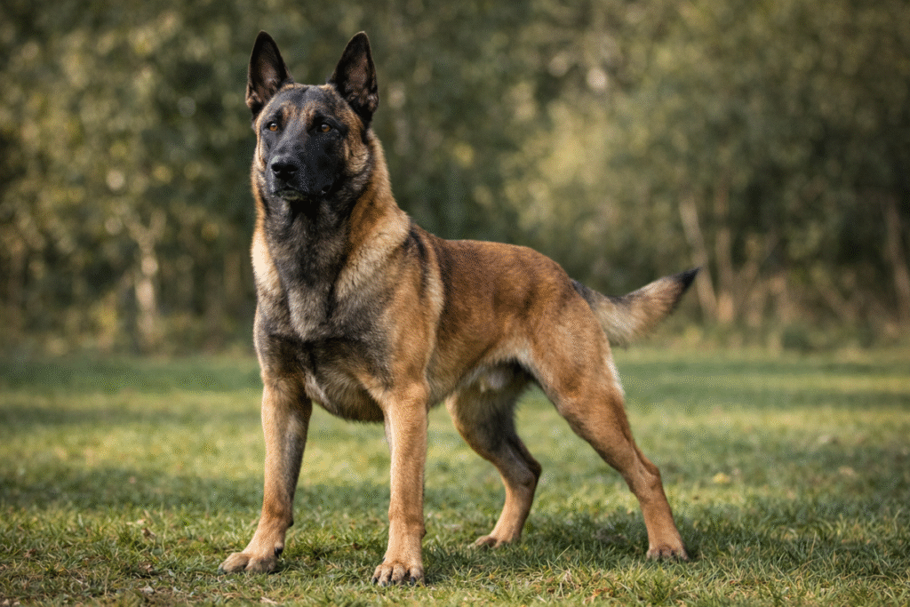 Alert Belgian Malinois protection dog standing in ready stance demonstrating natural guarding instincts