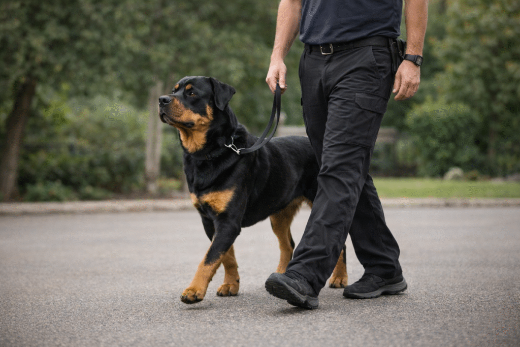 Rottweiler practicing a solid heel with a professional trainer, calm expression, loose leash