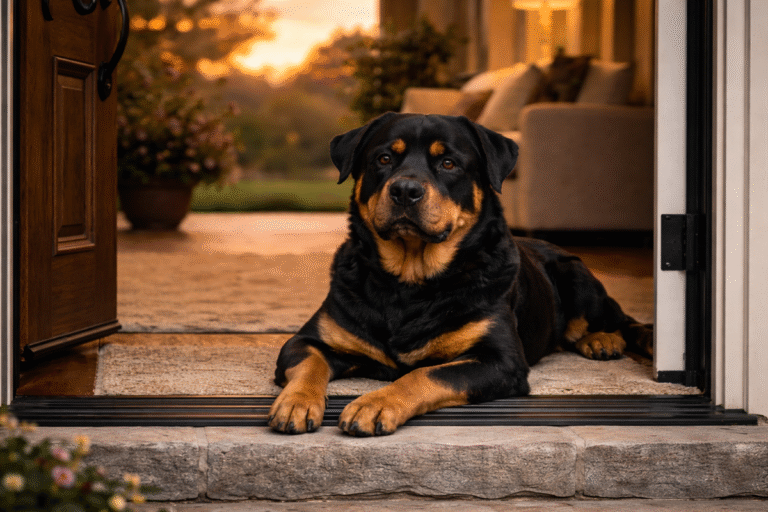 Calm Rottweiler lying at the threshold of a front door at sunset, watchful but relaxed