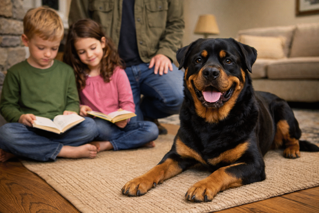 Rottweiler resting on a mat while two kids read nearby, loose mouth, soft eyes, supervised by parent]