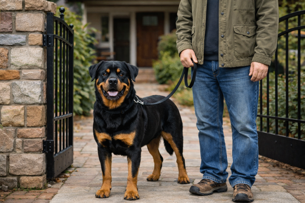 Confident adult Rottweiler standing beside an owner at the front gate, relaxed body language, neutral leash