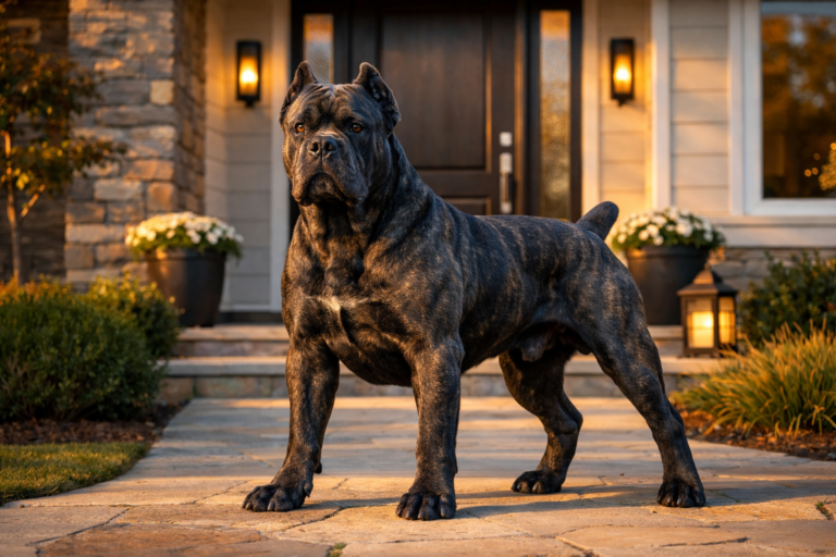 Cane Corso protection dog standing alert in protective stance at home entrance