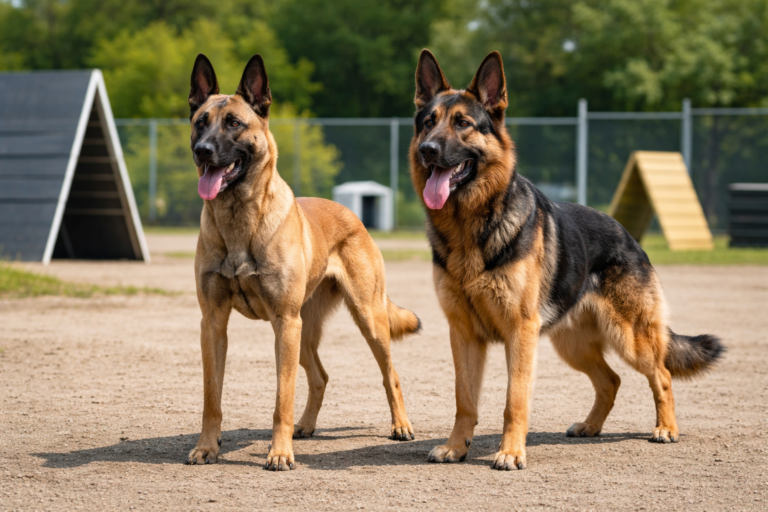 Belgian Malinois and German Shepherd standing side by side