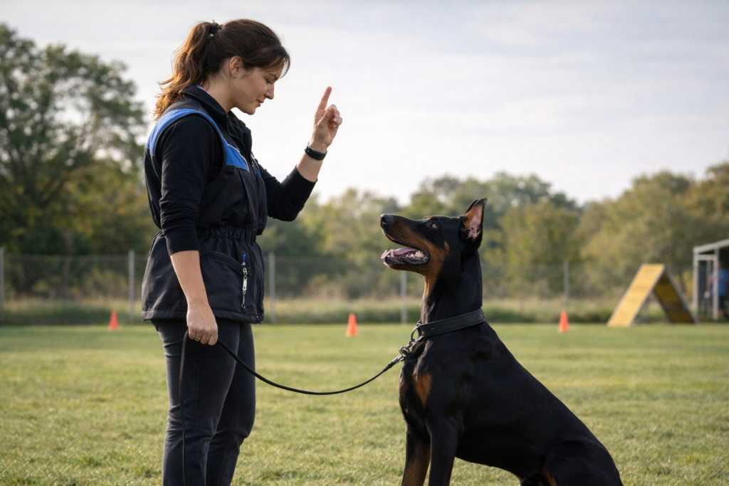 Athletic woman training Doberman Pinscher guard dog outdoors with professional equipment