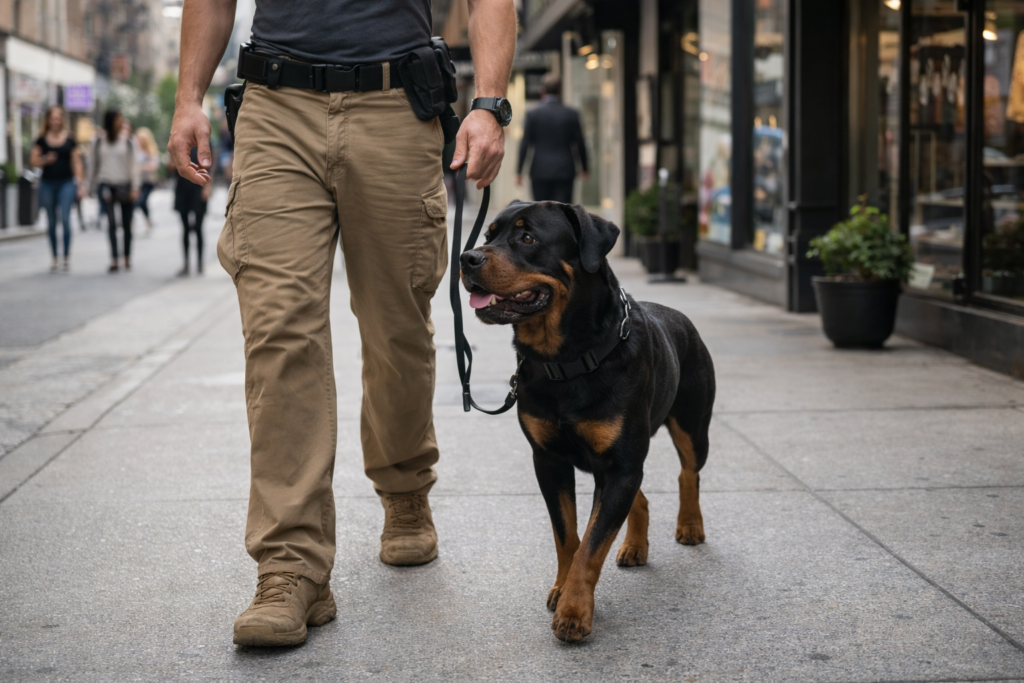 Rottweiler protection dog walking in perfect heel position with handler on city sidewalk