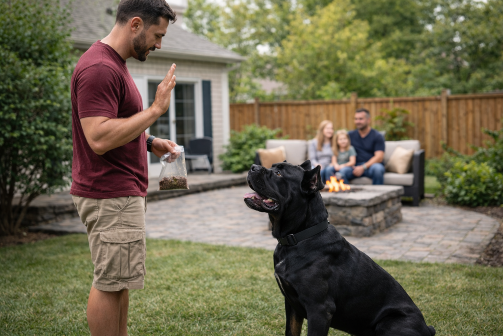 Family practicing protection dog commands with Cane Corso in backyard training session