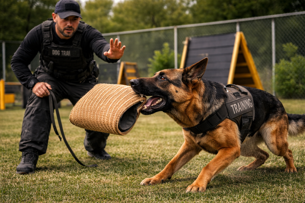 German Shepherd releasing bite sleeve on out command during professional protection training