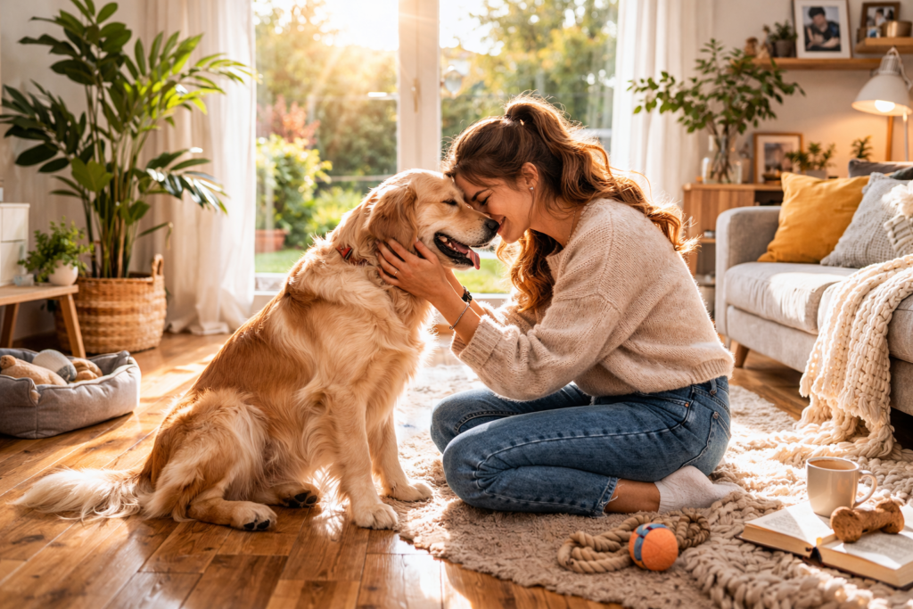 Woman standing confidently with trained German Shepherd protection dog in home environment