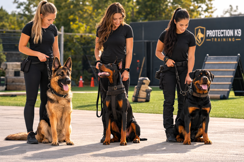 Multiple professionally trained protection dogs with female handlers demonstrating obedience and control