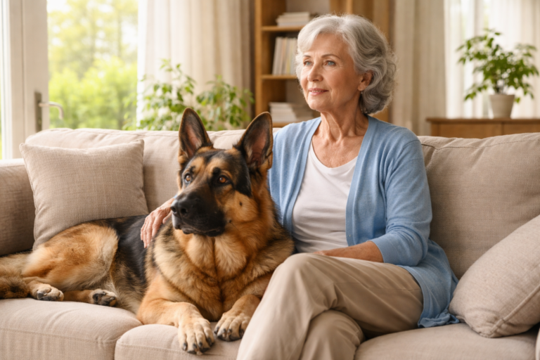Elderly woman sitting on couch with trained German Shepherd protection dog resting beside her in well-lit living room