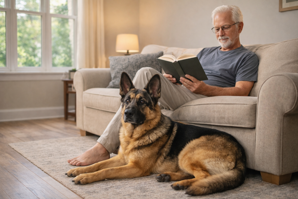 Peaceful elderly man reading book on couch with German Shepherd protection dog resting at his feet