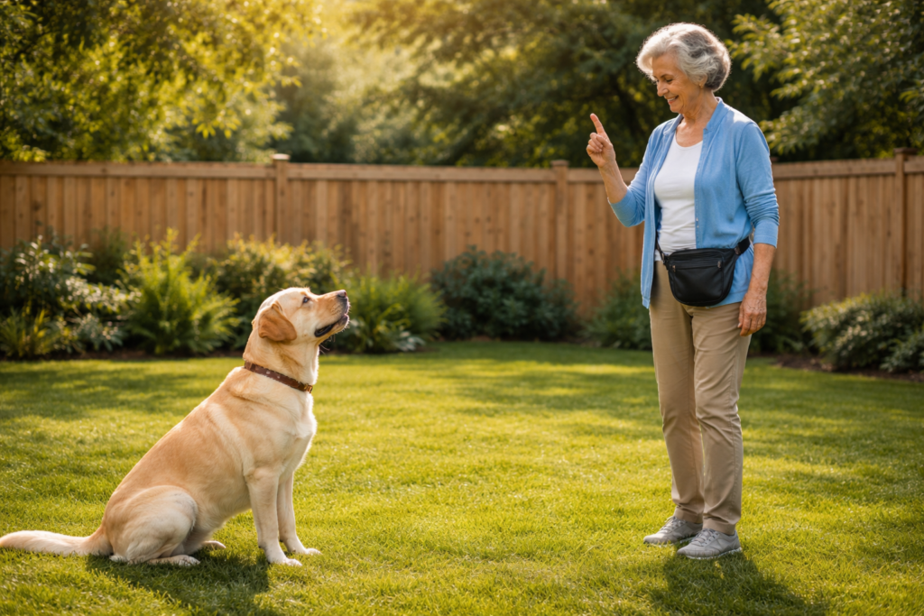 Elderly woman practicing obedience commands with trained Labrador Retriever protection dog in backyard setting