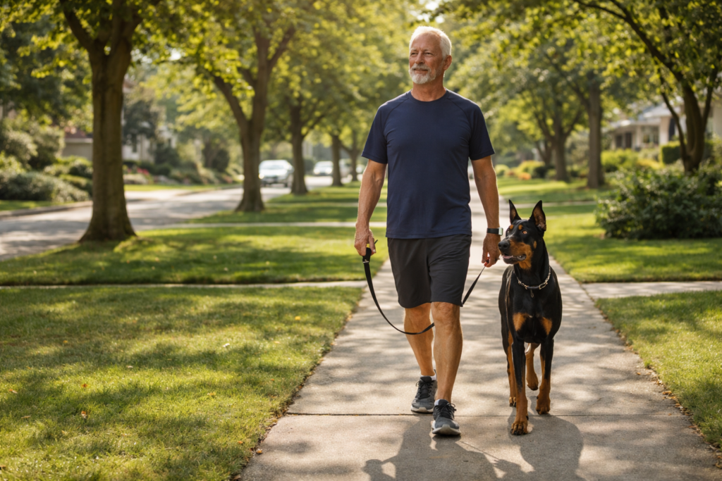 Active senior man walking trained Doberman Pinscher protection dog on leash through suburban neighborhood