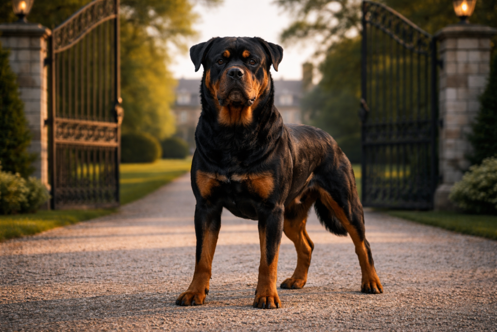 Rottweiler protection dog standing guard at estate entrance gate showing alert protective stance