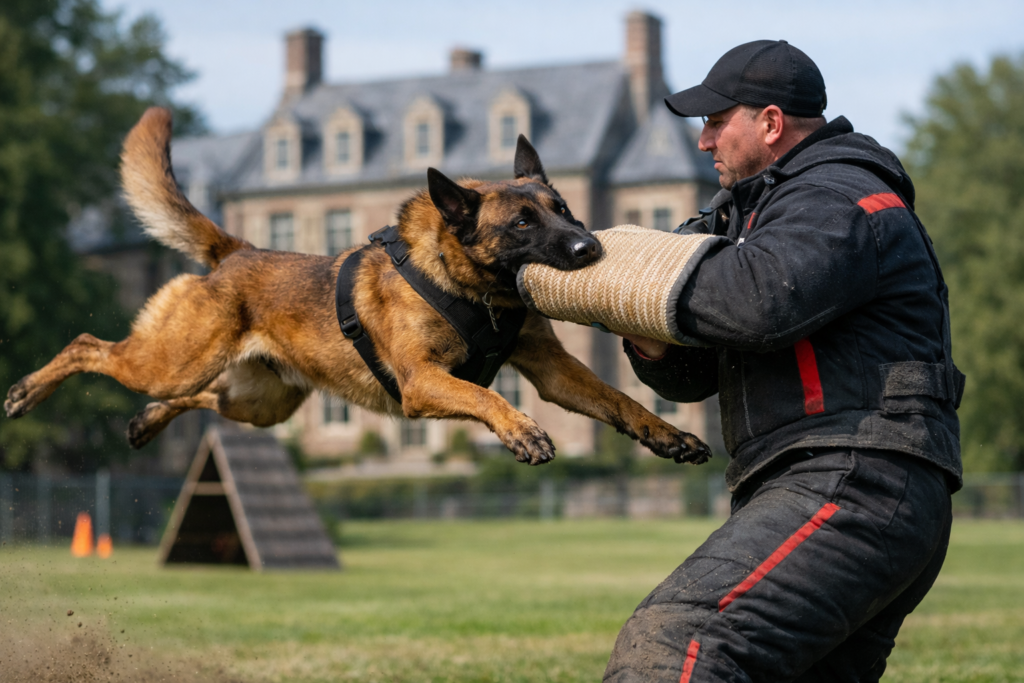 Professional trainer working with protection dog during bite work training session on estate property