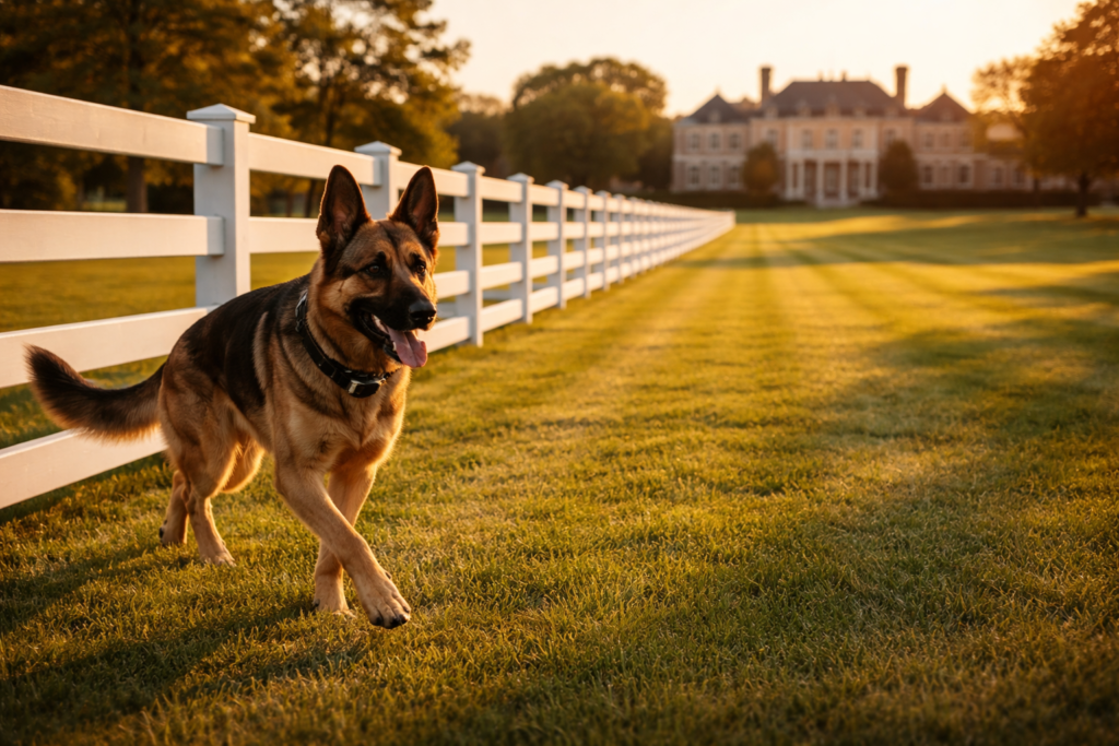German Shepherd protection dog patrolling large estate property with manicured lawns and fence line