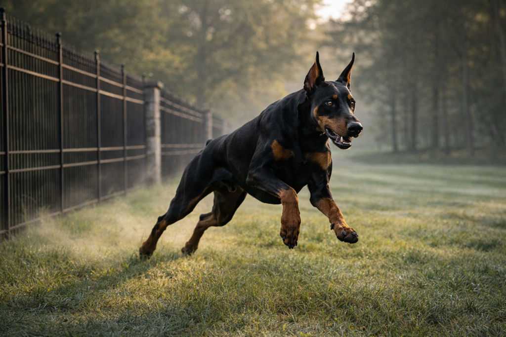 Doberman Pinscher running along estate fence line during active perimeter patrol