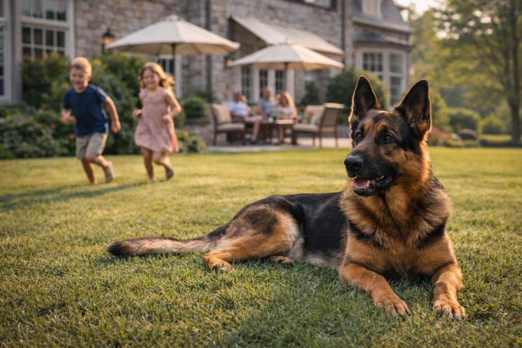 Protection dog relaxing with family on estate property showing dual role as guardian and companion