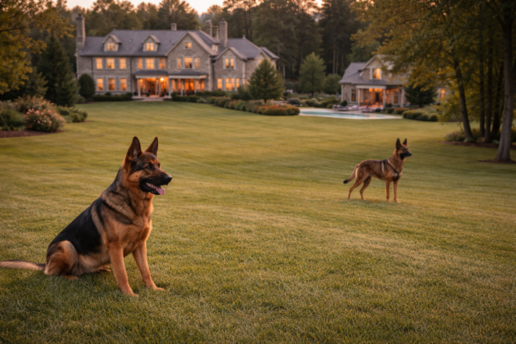 Two protection dogs working together to patrol expansive estate property boundaries