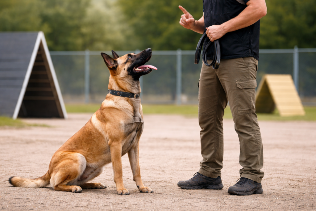 Protection dog during obedience training session