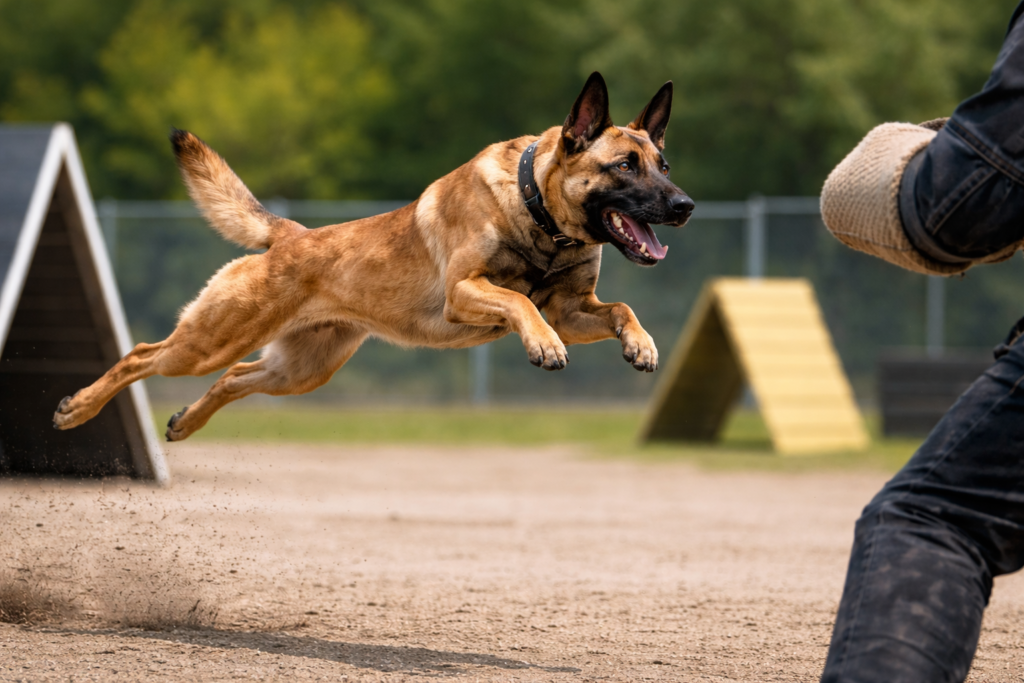 Belgian Malinois during protection training exercise