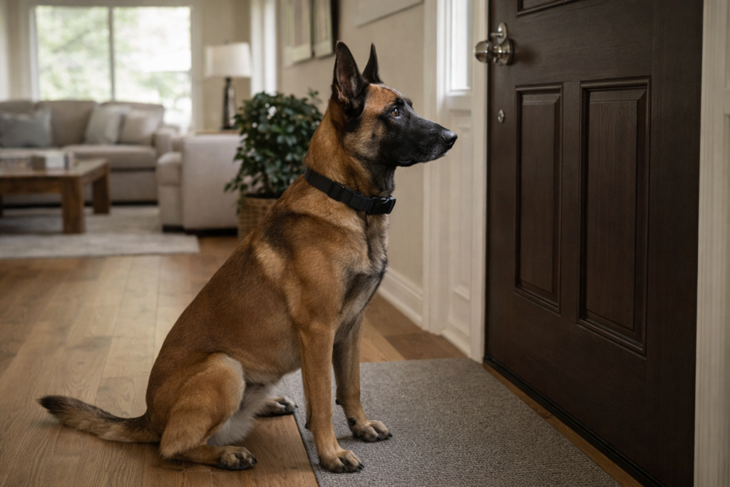Belgian Malinois in guard position demonstrating watch command at home entrance