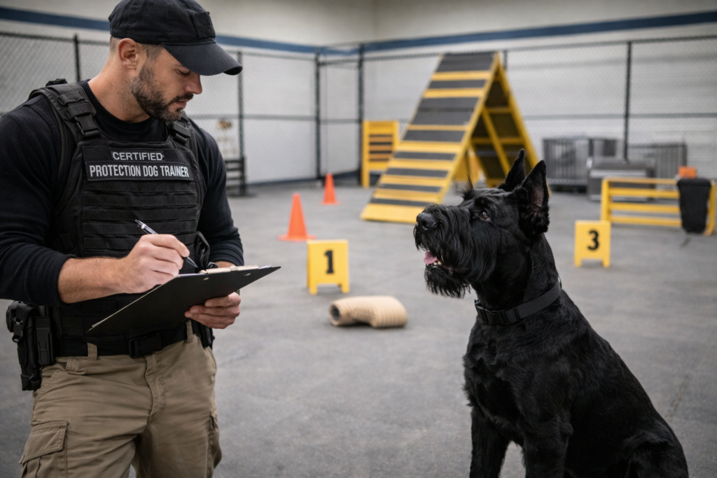 Professional dog trainer conducting protection dog command assessment with Giant Schnauzer.