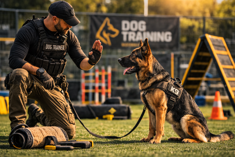 protection dog commands. Professional trainer teaching protection dog commands to a German Shepherd in outdoor training facility
