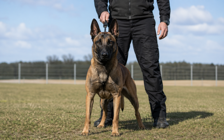 Trained protection dog in controlled aggression stance responding to handler command