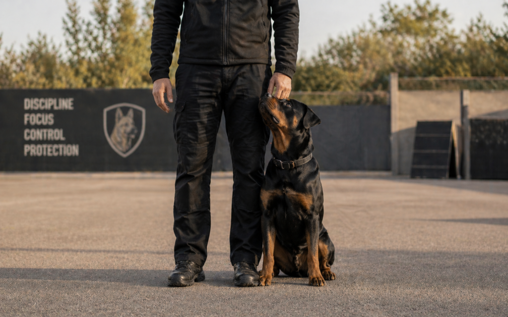 Protection dog sitting calmly beside handler showing controlled trained behavior