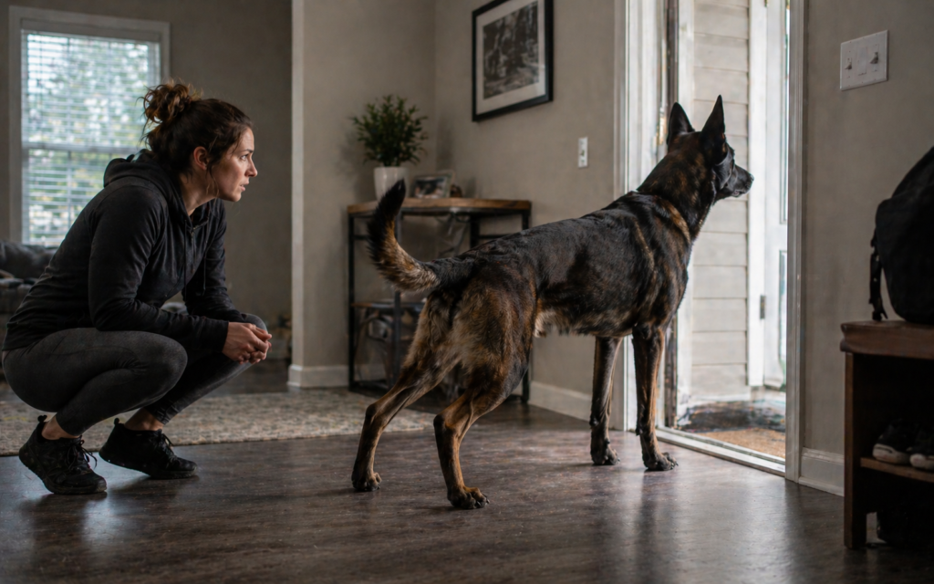 Owner observing protection dog showing early warning signs of aggression at home