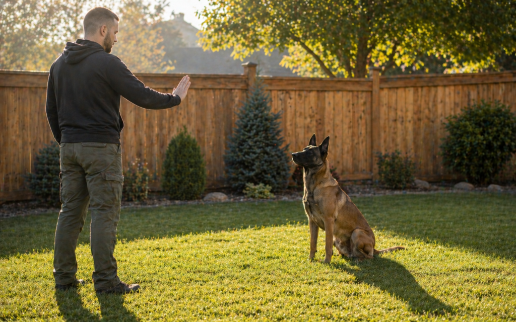 Owner practicing daily obedience training with protection dog in backyard
