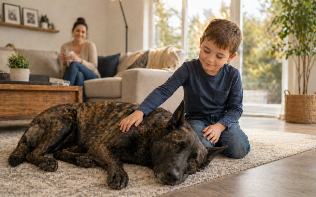 Well-trained family protection dog sitting calmly beside young child at home