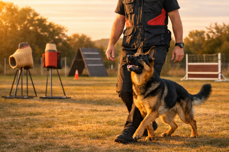 Professional protection dog trainer working with German Shepherd during obedience training session showing controlled behavior