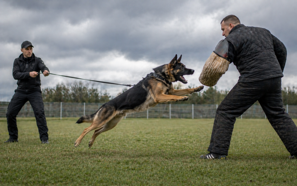 Protection dog responding to threat trigger during controlled training session with handler